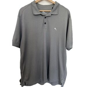 Tommy Bahama Mens Gray Striped Logo Polo Shirt Size Large Short Sleeve